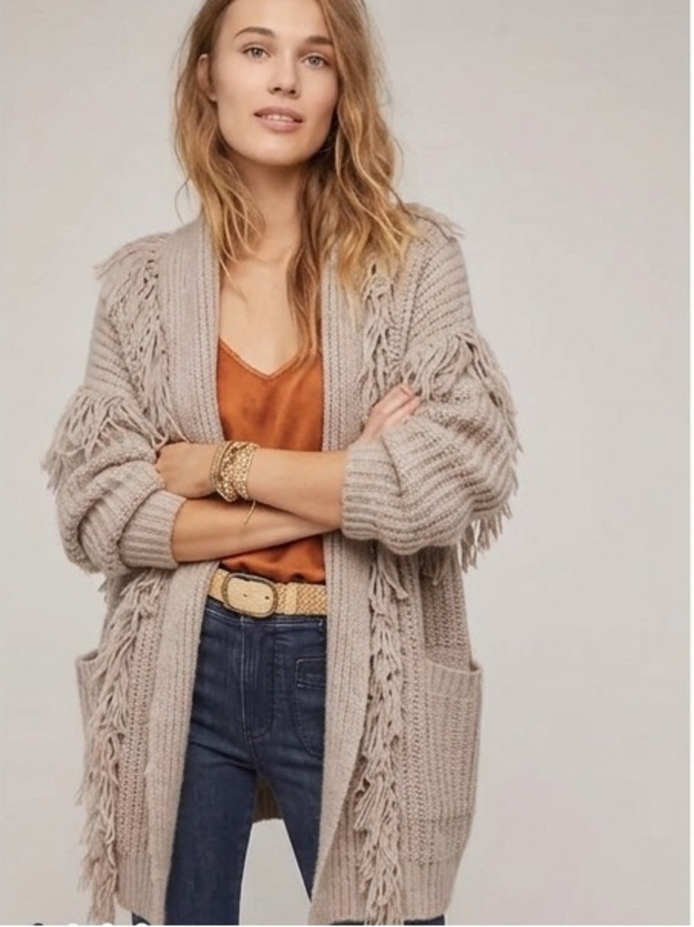 Anthropologie Amanza Fringed Oversized Cardigan Women XS/S Taupe Wool Blend